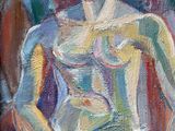 an oil painting of a woman sitting in a chair with her hands on her knees