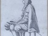 an old drawing of a man sitting in a chair with a hat on