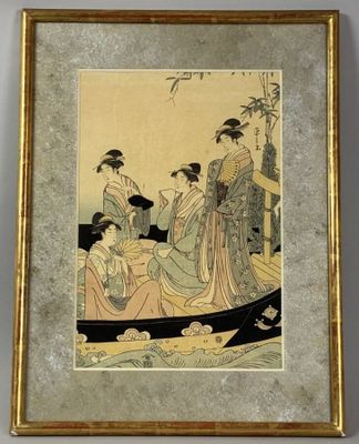 an image of a painting of a group of women in a boat