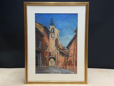 painting of a clock tower on a building in a gold frame