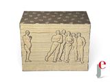 a cardboard box with a drawing of a group of people on it