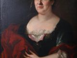 a painting of a woman in a black dress holding a red blanket