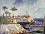 une peinture à l'huile représentant un phare sur une côte rocheuse bordée de palmiers
