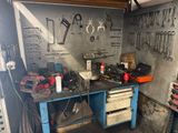 a workbench with tools on it in a garage