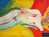 an image of a painting of a bird with a red and yellow background