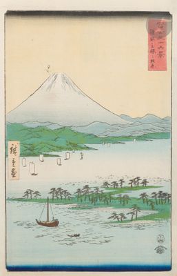 une image représentant un tableau où l'on voit un bateau sur un plan d'eau, avec une montagne en arrière-plan