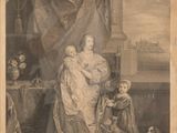 an old picture of a woman holding a child and a dog