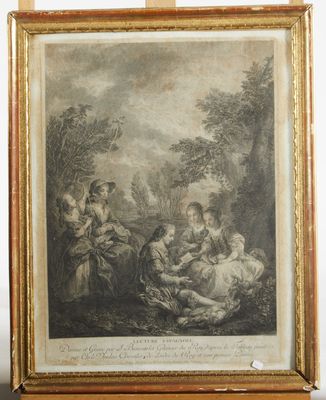 a framed print of a family in a wooded setting
