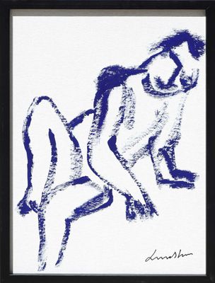 a blue and white drawing of a woman sitting on a chair