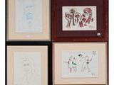 three framed drawings of people and animals on a brick wall
