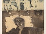 une image représentant un dessin d'une femme allongée dans son lit, avec des chats sur le mur