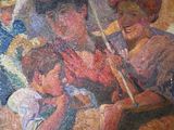 a painting of a woman and two children under an umbrella