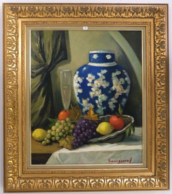 painting of a blue vase with white flowers and fruit on a table