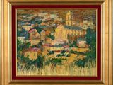 an oil painting of a village with a red sky in the background