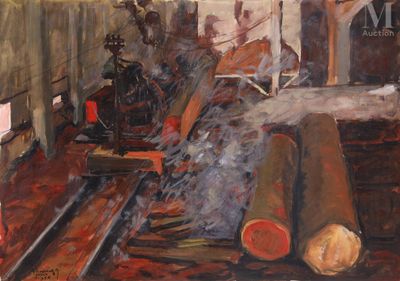 une peinture représentant un train transportant un tas de rondins