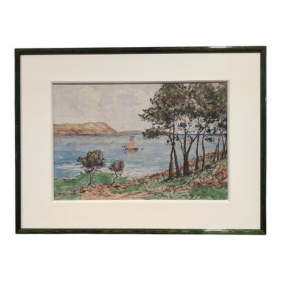 painting of a boat in a body of water with trees in the foreground