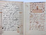 an open book with a drawing of a palace on it