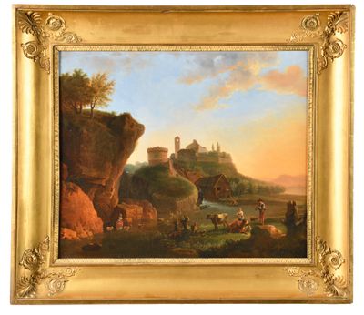 une peinture à l'huile représentant un paysage avec un château au sommet d'une colline