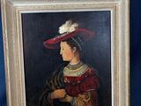 tableau représentant une femme portant un chapeau rouge orné d'une plume