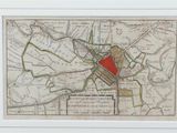 une vieille carte d'une ville avec un carré rouge en son centre