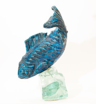 P.R. BALBAUD (XXe siècle) Truite. Sujet en faïence émaillée …