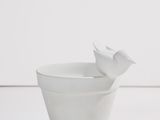 un bol blanc contenant une fleur, posé sur une table