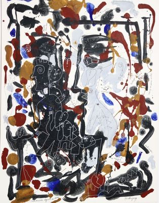une peinture abstraite représentant un homme à cheval, recouverte d'une épaisse couche de peinture