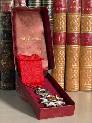 a red box with a red ribbon and a pair of brooches in it