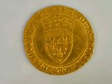 a close up of a gold coin on a white surface