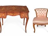 two pieces of furniture including a desk, chair, and mirror