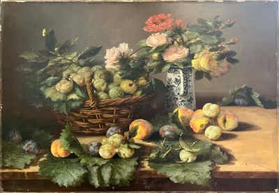 a painting of a basket of fruit on a table