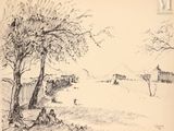 dessin représentant un paysage avec un arbre et un homme assis sous cet arbre