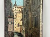 painting of a canal in a city with buildings and a clock tower in the background