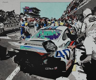 une peinture représentant une voiture de course avec un homme debout à côté