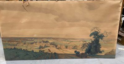 une image représentant un tableau représentant une vue d'une ville, posé sur une table