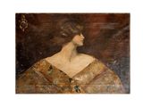 an old painting of a woman in a brown dress with a gold shawl