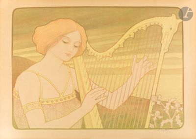 tableau représentant une femme jouant de la harpe devant une foule