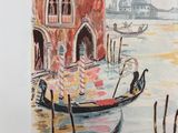 a painting of a gondola on the water with a building in the background