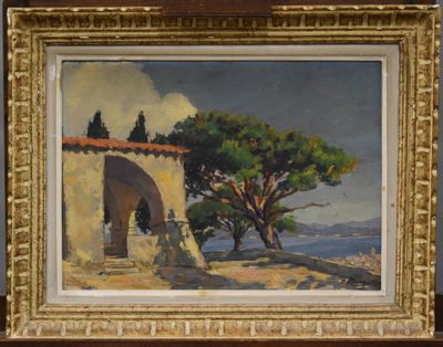 une image représentant une peinture d'un bâtiment avec un arbre au premier plan
