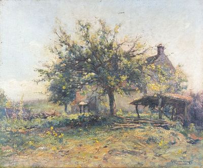 une image représentant un tableau illustrant une scène de vie à la ferme avec une calèche tirée par un cheval