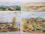 quatre aquarelles représentant un paysage avec des arbres, des buissons et des montagnes