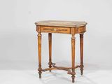an old wooden table with a marble top on a white background