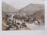 a picture of a view of a town in the mountains