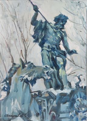 an oil painting of a man on a horse in the snow