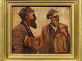 une peinture à l'huile représentant deux hommes debout l'un à côté de l'autre
