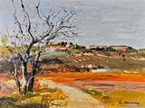 une peinture à l'huile représentant un chemin de terre avec un arbre au premier plan