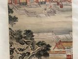 chinese painting of a palace with horses and people in the foreground