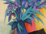 painting of purple flowers in a blue vase with oranges on a table