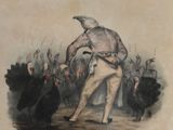 an old drawing of a man holding a knife in his right hand