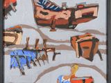 un tableau représentant une femme assise sur un banc devant des bateaux
